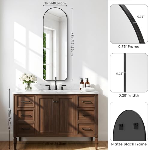 Image of BONEWEI Arched Wall Mirror,16x48 inch Black Arched Mirror Bathroom,Vanity Mirror for Over Sink Metal Frame,Tempered Glass Arch Mirrors for Bedroom,Entryway,Living Room,Home Decor Shatter-Proof