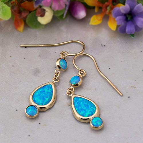 14K Gold Blue Opal Drop Earrings - 3 Opal Dainty Stones Dangle Earrings: Main stone 7x10mm and two 4 14K Gold Blue Opal Drop Earrings - 3 Opal Dainty Stones Dangle Earrings: Main stone 7x10mm and two 4
