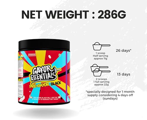 Image of Gayor Essentials Pre Gayor Black (Cola, 286g, 26 Servings) | Advanced Pre-Workout, 200mg L-Theanine,300mg Caffeine, 8g Citrulline Malate, Piperine, black pepper extract