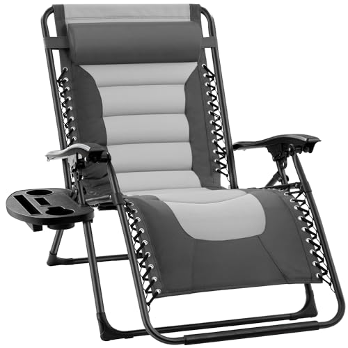 Best Choice Products Oversized Padded Zero Gravity Chair, Folding Outdoor Patio Recliner, XL Anti Gravity Lounger for Backyard w/Headrest, Cup Holder, Side Tray, Polyester Mesh - Gray/Light Gray