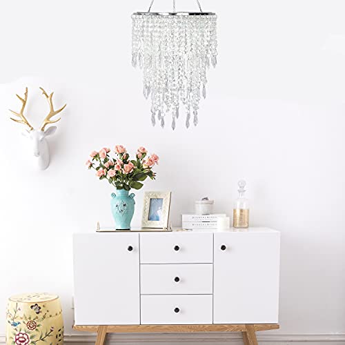 Cioceen Acrylic Chandelier Shade, Ceiling Light Shade Beaded Pendant Lampshade With Crystal Beads And Chrome Frame For Bedroom, Wedding Or Party Decoration, Diameter 8.7'' 3 Tiers #TOP4