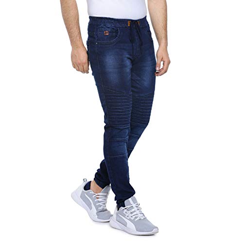 Image of CAHOOT Men' Denim Jeans for Regular Wear Blue Dark Wash Self Patterned Slim Fit Jeans Crafted with Comfort Fit and High Performance for Everyday Casual Wear