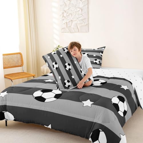 Image of Feelyou Soccer Comforter Set King Size Kids Football Pattern Games Bedding Set for Boys Girls Sports Theme Grey Geometric Stripes Duvet Quilt Room Decor