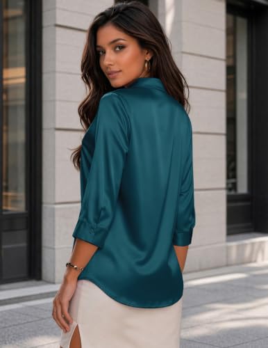 Image of Zeagoo Womens Satin Blouses Button Down Shirts 3 /4 Sleeve Dressy Tops S-2XL