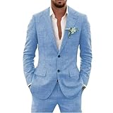 Traje de lino de 2 piezas para hombre, traje ajustado para verano, boda, novio, graduación, chaqueta de esmoquin y pantalones, azul, L