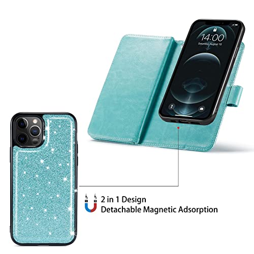 Varikke Iphone 12 Wallet Case, Iphone 12/ Pro Case With Card Holder & Magnetic Detachable Cover & Kickstand & Lanyard Strap Glitter Pu Leather Flip Phone Wallet Case For Iphone 12 Pro [6.1"], Mint #TOP2