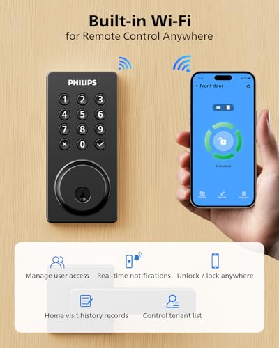 Philips Smart Lock, Smart Door Lock Built-in WiFi, App Remote Control, Keyless Entry Door Lock for Front Door, Deadbolt Lock Auto Lock, Support Alexa & Google, IP54 Waterproof, Black thumbnail 2