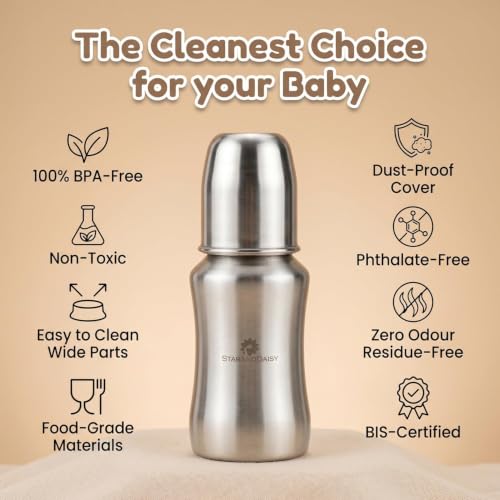Image of StarAndDaisy 140ml Stainless Steel Baby Feeding Bottle for Newborns, Infants & Toddlers | SUS 304 Steel Milk Bottle | BPA-Free, Anti-Colic, Leakproof & Easy-to-Clean Feeding Bottle for 0+ Months (Silver)
