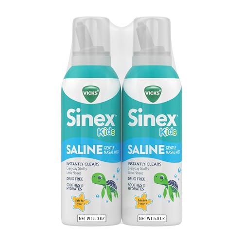 Vicks Sinex Childrens Saline Nasal Spray Drug Free Ultra Fine Mist with Hint of Aloe Ages 1+ Fast Everyday Stuffy Nose Relief for Kids Clear Mucus from a Cold or Allergy 5 OZ x 2