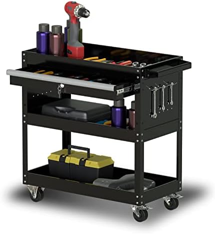 Go Beyond 3-Tier Rolling Tool Cart, 330 LBS Large Utility Mechanic Tool Cart with Lockable Drawer and Wheels, Big Tool Chest and Tool Organizer for Garage Warehouse (Black)