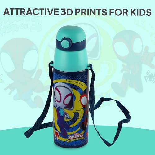 Image of CELLO Kidzbee Series Orb 600 Inner Steel Insulated Water Bottle, 500ml, Navy Blue | 3D Touch & Feel Web Warriors Design | Leakproof Flip Top Spout, Easy to Carry | Cold Water Bottle for Kids School