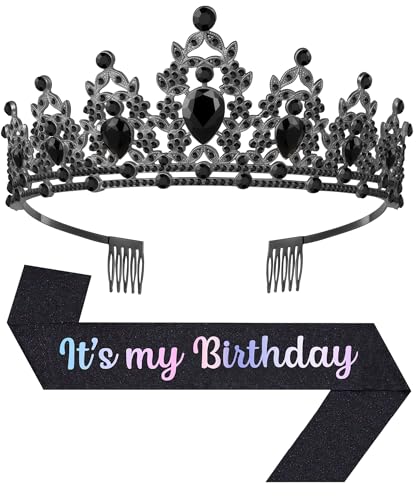 Birthday Tiara and Crown with Sash, Birthday Tiara for Women Party (Black)