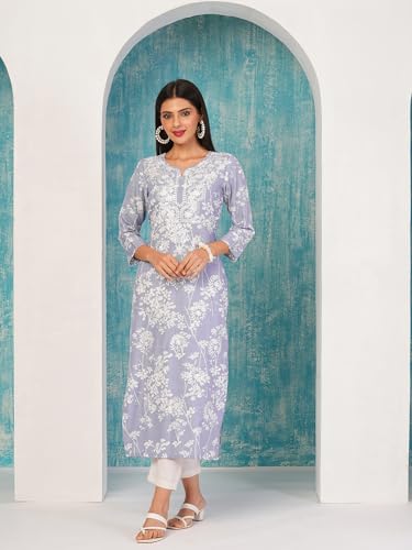 Image of GoSriKi Women's Cotton Blend Chikankari Embroidered Straight Kurta
