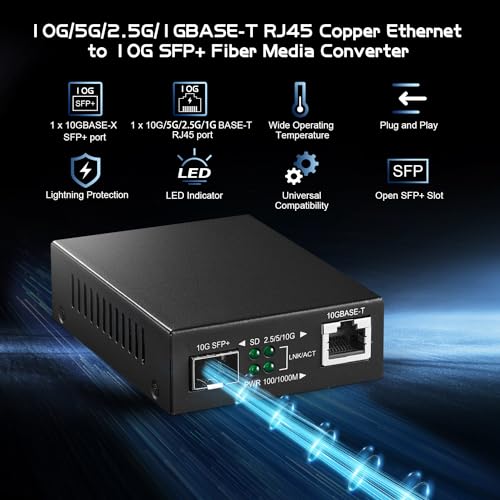 Image of 10G Fiber Media Coverter, 2 Port 10 Gigabit Binardat Ethernet Switch, 1 x 10G RJ45 Port, 1 x 10G SFP Port, Mini Metal Case Fanless, Unmanaged Plug and Play