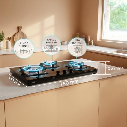 Image of Glen Ultra Slim Premium LPG Gas Stove 3 Burner | 8 MM Thick Toughened Glass Top | Auto Ignition | 1 Jumbo Forged Brass Burner | 2 years standard and 5 years glass Warranty | 1037USTNAI