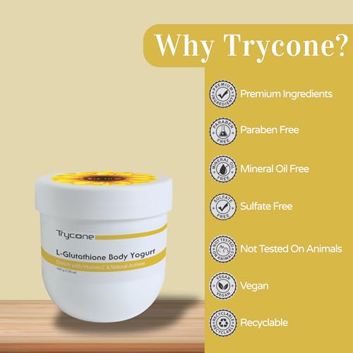 Image of Trycone L Glutathione & Vitamin C Body Yogurt with SPF-15, Enriched with Sunflower Oil for 24-Hour Moisturization & Whitening Lightweight Body Lotion for Soft Glowing Skin 200 gm