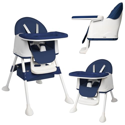 Image of Yunvin Baby High Chair 3-in-1 Highchair Booster Seat Toddler Chair & Table with Removable Double Tray, 5-Point Harness and Storage Basket Convertible for Babies & Toddlers Feeding, Blue