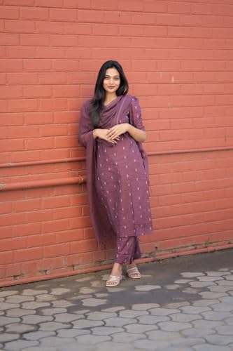 Image of ANNI Designer Women's Purple Printed Kurta Set | Pure Viscose 3 Piece Ethnic Suit Set with Pant & Dupatta | Festive for Women | Cotton Kurta Sets for Woman