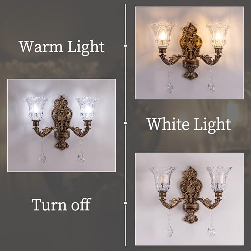 Image of Wellmet 2-Lights Bronze Wall Sconce, Retro Wall Light, Bathroom Vanity Wall Lamp, Wall Light Fixtures for Living Room, Bedroom, Hallway, Bathroom, Stairway, W-18in (Bulb not Include)