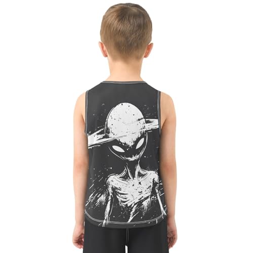 Boys Tank Top Shirts Alien UFO Black and White Sleeveless T-Shirts Crew Neck for Kids Clothing Children3