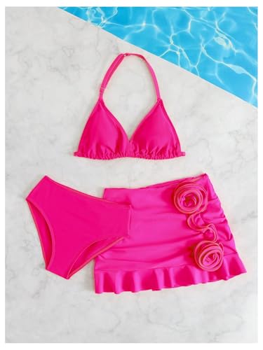 SweatyRocks Girl's Ruffle 3D Floral Halter Swimsuit Ruched 3 Piece Bathing Suit with Beach Skirts4
