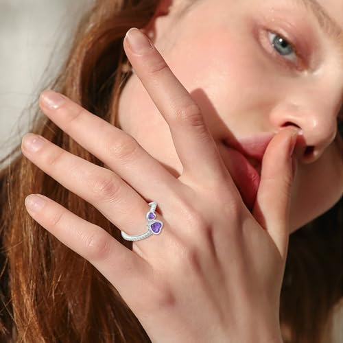 925 Sterling Silver Birthstone Rings for Women Adjustable Open Heart Ring Constellation Month Band for Birthday Gifts4
