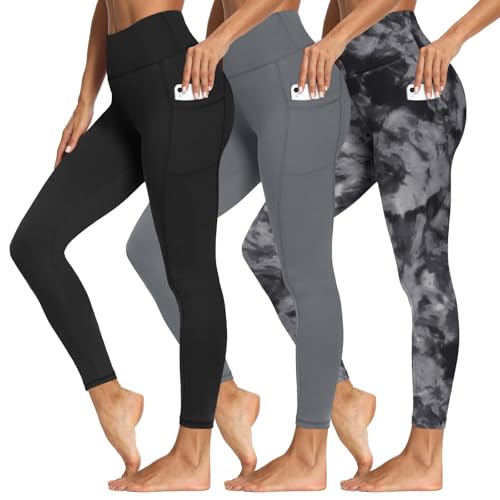 3 Packs Leggings with Pockets for Women, Soft High Waisted Tummy Control Workout Yoga Pants