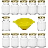 Viva Haushaltswaren - 12 x Gewürzgläser / Einmachgläser 150 ml mit goldfarbenem Verschluss, runde Twist off Gläser als Marmeladengläser, Glasdosen & Vorratsdosen verwendbar (inkl. Einfülltrichter)