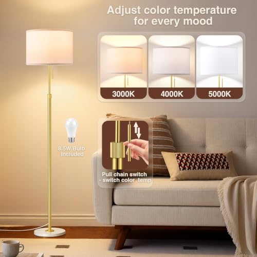 Image of Ambimall Height Adjustable Modern Gold Floor Lamp, Gold & White