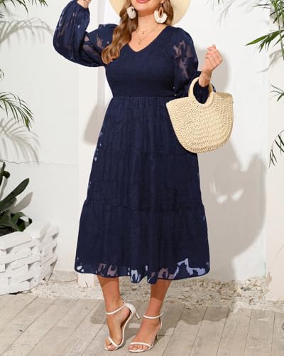 Pinup Fashion Plus Size Fall Wedding Guest Dress - Long Sleeve V Neck Floral Lace Smocked Flowy Tiered Midi Dress3