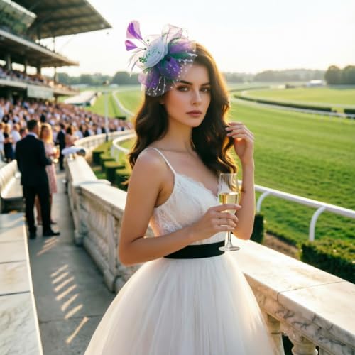 Image of DRESHOW Fascinators Hat Flower Mesh Ribbons Feathers on a Headband and a Clip Tea Party Headwear for Girls and Women