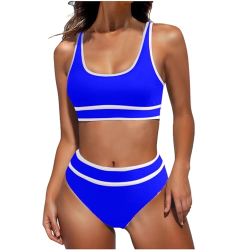 KioraLee Womens Sporty Bikini Sets Two Piece High Waisted Scoop Neck Color Block Swimsuits Tummy Control Beach Bathing Suit Womens Bikinis Blue S
