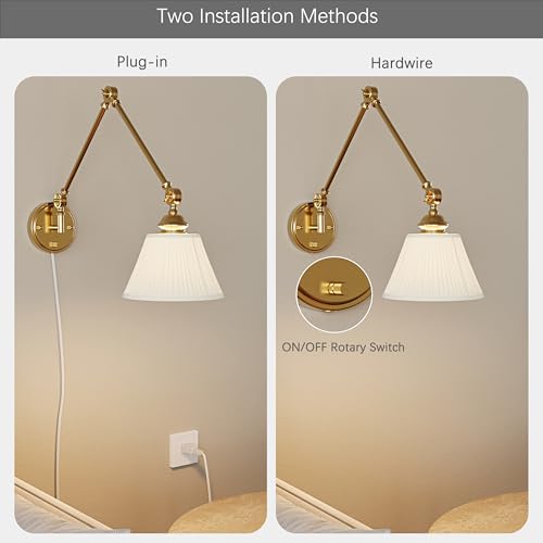 Image of Gold Plug in Wall Sconce, Swing Arm Wall Light with 6.6FT Plug in Cord, Two Adjustable Arms, Fabric Shade, E26 Base, Hardwired Wall Lamp for Bedroom, Reading, Living Room, Hallway (1 Pack)