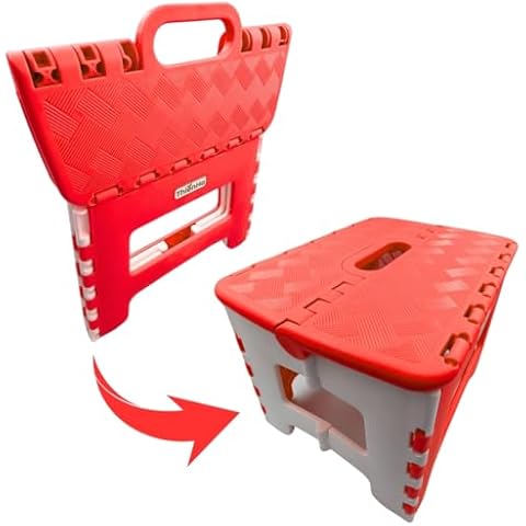 ThienHa Foldable Camping Stool - 8.5 Inch Red, Heavy Duty PP Plastic, Non-Slip Surface, 3.5 cm Slim Design with Handle - Supports Over 200 lbs, Portable Folding Step Stool for Outdoor & Indoor Use Cover