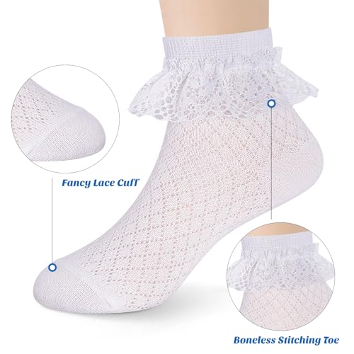 Looching Baby Todller Girls Eyelet Ruffle Lace Sock White Cotton Princess Style Ankle Dress Frilly Mesh Thin Socks Pack of 52