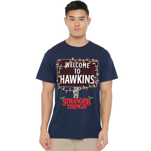 T-shirt Stranger Things Hawkins bleu marine unisexe en coton pour look rétro