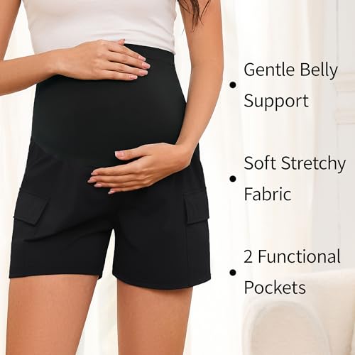 AMPOSH Women's Maternity Quick-Dry Stretchy High-Rise Shorts with Pockets