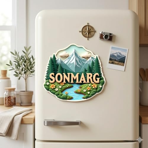 Image of Naxon Sonmarg Theme Souvenir Wooden Fridge Magnet | Meadow of Gold Snow Mountains & Valley Design 3x3 Inch Refrigerator Magnet for Kitchen & Home Decor | Travel Gift from Sonmarg | Pack of 1
