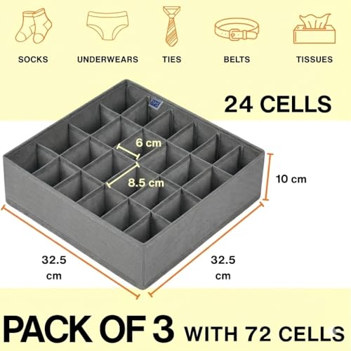 Image of Skrill 24-Compartment - Set of 3 | Non-Woven Foldable Cloth Storage Box Set Underwear, Socks, Ties, Scarves, Bras, Lingerie Drawer Organization | Space Saving Divider Organizer Closet Storage | Grey