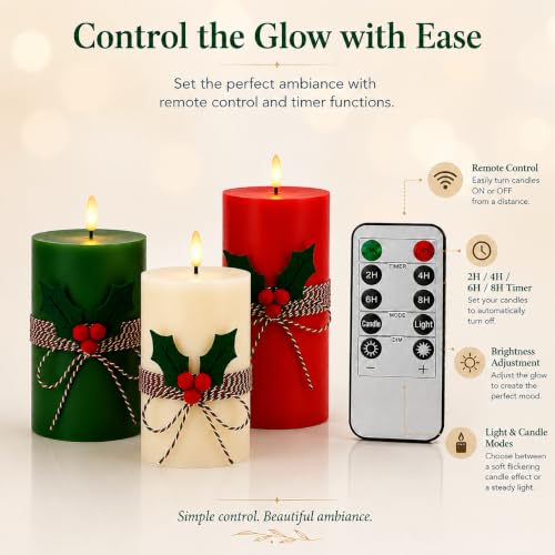 Image of Real Wax Flameless Candles 4 inch 5 inch 6 inch Set of 3 Indoor Outdoor Pillars Battery Operated Flickering Candles 3D Wick with Remote and Timer for Christmas Advent