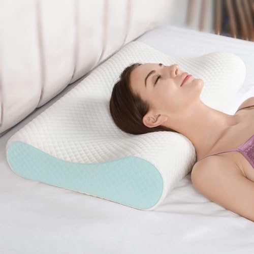 Image of Cervical Contour Memory Foam Pillow for Sleeping,Orthopedic Pillow for Neck Pain, Support for Back,Stomach,Side Sleepers, with Breathable Zip Cover (19X12X4INCH) (White) (Sky)