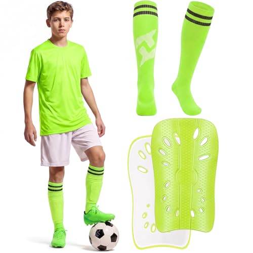 Funnysoft Soccer Shin Guard for Youth 14-16 Years Old Toddler Shin Pad Set with Sleeves and Long Soccer Sock Lightweight Sport Equipment for Boy Girl(Green)