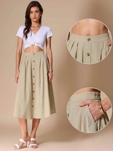 Allegra K Cotton Midi Skirt for Women's Summer Casual Button Decor Elastic Waist A-Line Skirts with Pocket2