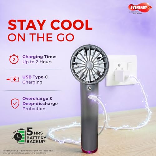 Image of EVEREADY Aerix Pro Rechargeable Handheld Personal Fan, With Digital LED Display, USB Type-C Charging, Up to 5 Hrs Battery Backup, Overcharge & Deep Discharge Protection