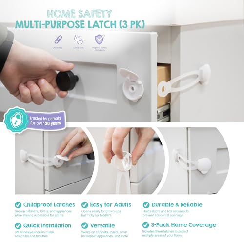 Image of Regalo 3 Pack Child Safety Cabinet Locks, No Drill Adhesive Baby Proofing Latches for Drawers, Fridge and Cabinets, Multi-Purpose 3M Straps, White