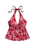 SweatyRocks Women's Floral Print Peplum Halter Top Boho Summer Sleeveless Flowy Tank Tops Red Medium