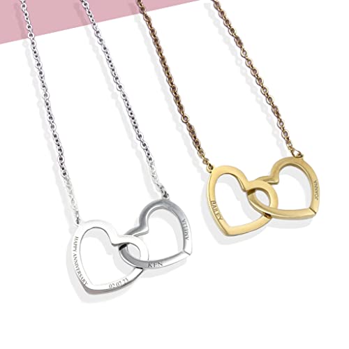 Engraved Linked Heart Necklace, Multiple Name Jewellery, Custom Intertwined Heart Charm, Interlocking Double Heart Necklace, Personalised Open Heart Pendant Necklace, Kids Name Necklace, Couple's Gift