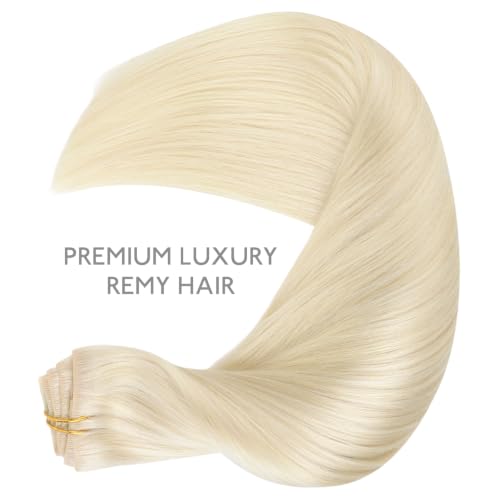 Image of WENNALIFE Invisible Edge Seamless Clip in Hair Extensions Real Human Hair | 18'' 111g 7pcs Light Platinum Blonde. Ultra-Thin PU Weft, Easy, Comfortable Clip in Luxury Remy Hair Extensions