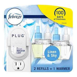 Febreze Plug In Air Fresheners, Linen & Sky Scent, Odor Fighter for Strong Odors, 1 Warmer + 2 Oil Refills