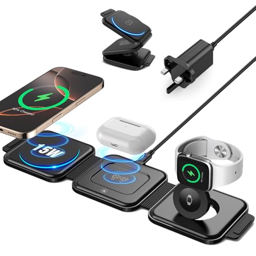 3 in 1 wireless charging station, Foldable Travel Charger Station for iPhone 16/15/14/13/12 Series, Apple Watch Charger for iWatch 10/9/Ultra 2/Ultra/8/7/6/SE/5/4/AirPods4/3/2/Pro(with 20W Adapter)